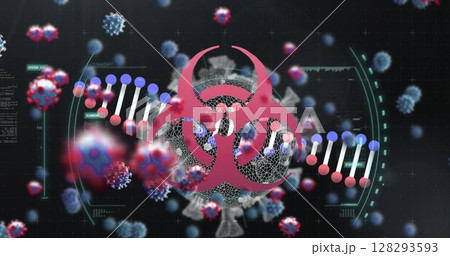 Digital illustration showing virus particles and biohazard symbol with DNA strand 128293593