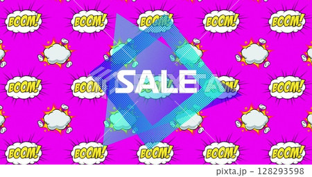 Yellow sale on blue square and triangle over boom! in retro comic bubbles on pink background Yellow sale on blue square and triangle over boom! in retro comic bubbles on pink background 128293598