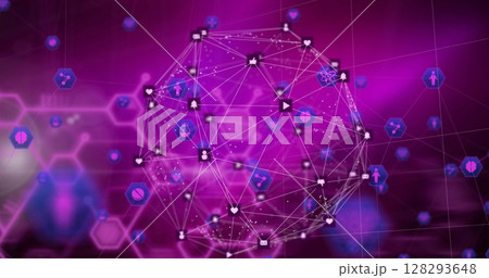 Digital network connections with icons and lines on vibrant purple background 128293648