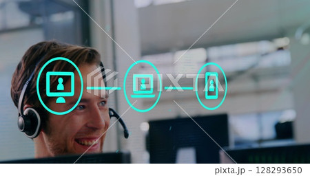 Smiling man with headset engaging in virtual communication at office 128293650
