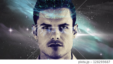 Contemplating with digital network overlay on face, man in cosmic background Contemplating with digital network overlay on face, man in cosmic background 128293687