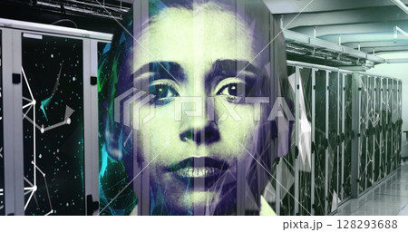 Blending human face with futuristic server room, depicting AI integration concept Blending human face with futuristic server room, depicting AI integration concept 128293688