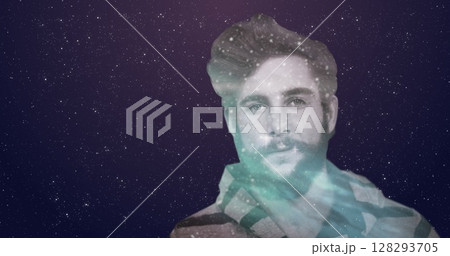 Man with cosmic overlay, gazing thoughtfully into starry night sky Man with cosmic overlay, gazing thoughtfully into starry night sky 128293705