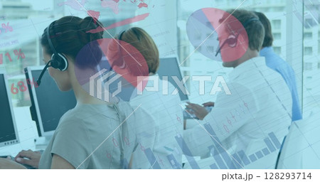 Customer service team using headsets and computers, analyzing digital data overlays Customer service team using headsets and computers, analyzing digital data overlays 128293714