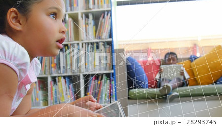 In school, young girl using tablet in library, learning with focus and curiosity In school, young girl using tablet in library, learning with focus and curiosity 128293745
