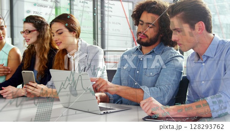 Image of financial data processing over men and women using smartphone and laptop computer 128293762