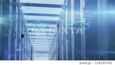 Image of handwritten mathematical equations over a network of computer servers in tech room 128293782