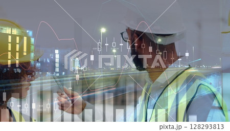 Construction workers discussing project plans with financial data overlay at night Construction workers discussing project plans with financial data overlay at night 128293813