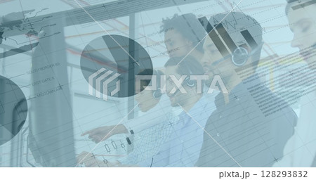 Customer service team using headsets and digital interfaces in modern office 128293832