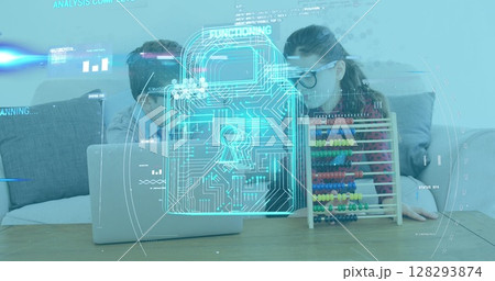 Man and woman using laptop and abacus with digital lock interface overlay Man and woman using laptop and abacus with digital lock interface overlay 128293874