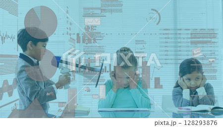 In school, boy using megaphone while classmates cover ears, digital charts overlay In school, boy using megaphone while classmates cover ears, digital charts overlay 128293876