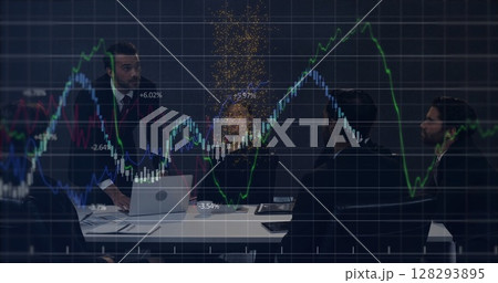 Analyzing financial graphs, business professionals in meeting using laptops for work Analyzing financial graphs, business professionals in meeting using laptops for work 128293895