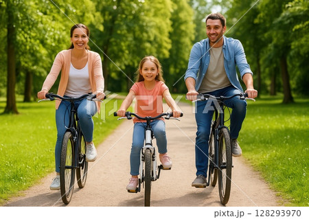 Family bonding on bicycles along green trail, surrounded by sunshine and laughter in beautiful summer surroundings 128293970