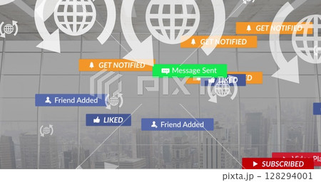 Image of falling social media icons and emojis over cityscape Image of falling social media icons and emojis over cityscape 128294001