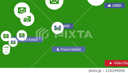 Image of social media text on banners with digital icons over green background 128294006