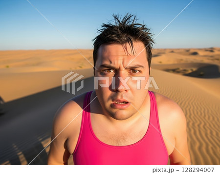 Overweight swimmer in goggles stands lost in middle of sun-scorched desert, absurdly dressed for beach day in totally dry environment 128294007