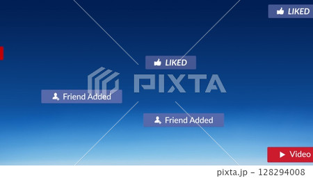 Image of social media text on banners over blue background 128294008