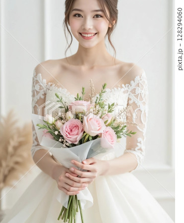花束を抱えて満面の笑みの花嫁 花束を抱えて満面の笑みの花嫁 128294060