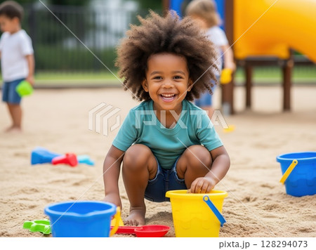 Happy boy with afro hair digs in sandbox using toy loader, fully engaged in joyful sunny outdoor moment 128294073