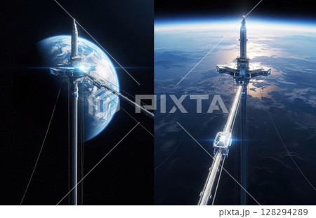 Massive space tether stretches from surface into cosmic heights, vanishing into orbit under twilight atmosphere and endless starry silence 128294289