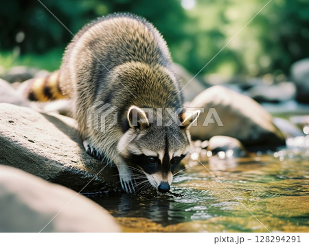 Raccoon Finds Relief in Cool Stream With Sunlight Dancing Through Forest Canopy and Warm Rocks Surrounding Tranquil Scene 128294291