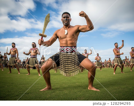 Dancer Covered In War Paint Performs Haka Outdoors Showing Physical Power, Cultural Roots, And Emotive Expression Of Heritage And Tradition 128294293