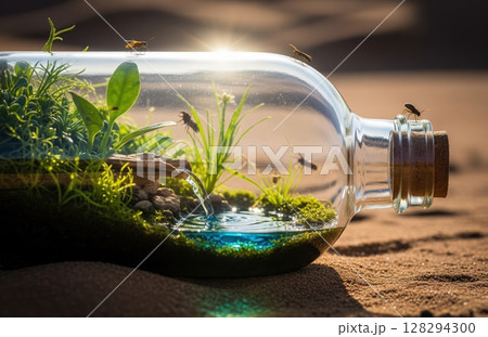 Green Enclosure Inside Transparent Bottle Resists the Barren, Bleak, and Dry Desert Conditions Around It Green Enclosure Inside Transparent Bottle Resists the Barren, Bleak, and Dry Desert Conditions Around It 128294300