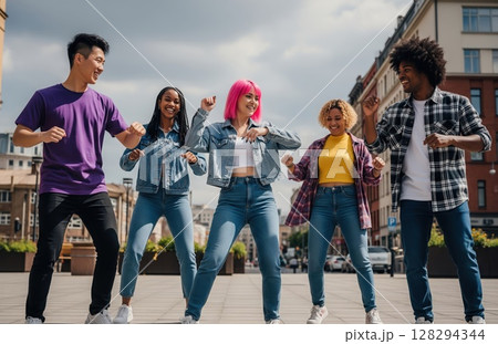 Friends move to beat in city square, celebrating life, music, and youth culture through street dancing and style 128294344