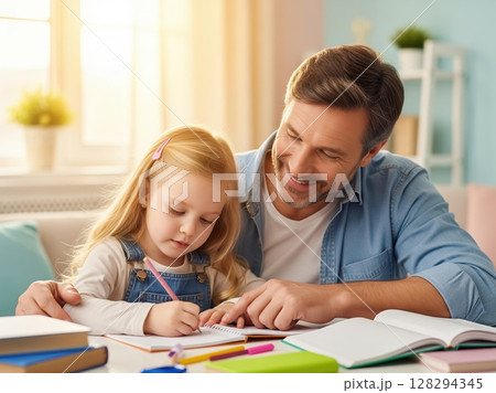 Girl Writes With Father???s Help During After-School Learning Session at Bright Home Workspace 128294345