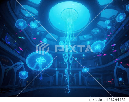 Futuristic Aquarium Shows Glowing Jellyfish in Underwater Tech Habitat Among Neon Fish Futuristic Aquarium Shows Glowing Jellyfish in Underwater Tech Habitat Among Neon Fish 128294481