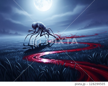 Pale Many-Legged Creature Crawls Through Blood-Touched Moonlit Field, Scuttling in Silence With Hunched Back and Inhuman Gait 128294505