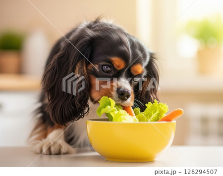 Cute spaniel curiously eats fresh vegetables from cheerful bowl in bright interior, portraying health and charm in everyday routine 128294507