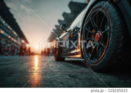 Close Up of Race Car Wheel on Track 128295025
