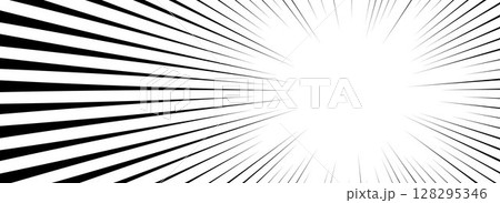 Comic speed line background. Cartoon book explosion effect. Black radial linear pattern frame. Pop art flash beams or rays. Vector superhero impact backdrop. Manga or anime sun burst lines wallpaper. 128295346