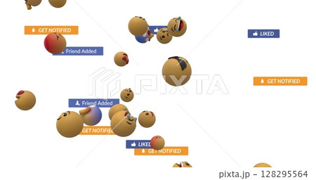 Image of falling social media icons and emojis over white background Image of falling social media icons and emojis over white background 128295564