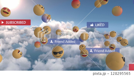 Image of social media text on banners with emojis over sky background Image of social media text on banners with emojis over sky background 128295565