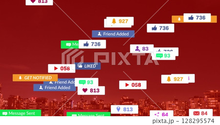 Image of falling social media icons and emojis over cityscape 128295574