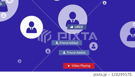 Image of social media text on banners with digital icons over purple background 128295578