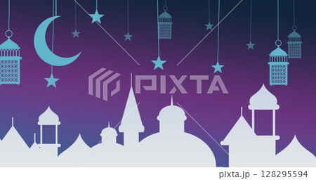 Image of white arabic style rooftops with hanging blue moon, lamp and star symbols on purple 128295594