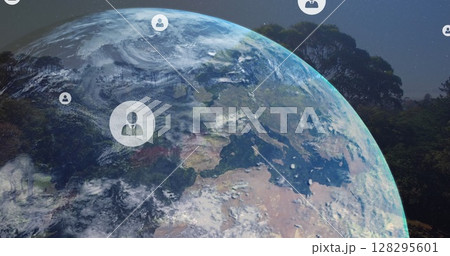 Composition of digital people icons over globe and landscape Composition of digital people icons over globe and landscape 128295601