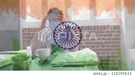 Composition of tired businessman wearing face mask in office over indian flag Composition of tired businessman wearing face mask in office over indian flag 128295615