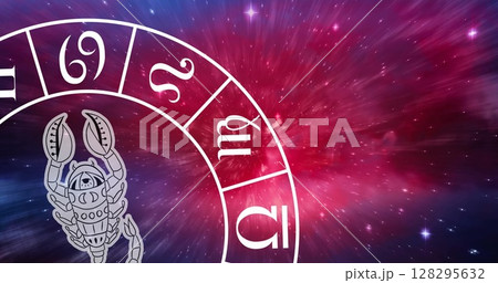 Image of scorpio star sign symbol in spinning horoscope wheel over glowing stars 128295632