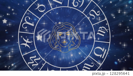 Image of virgo star sign symbol in spinning horoscope wheel over glowing stars Image of virgo star sign symbol in spinning horoscope wheel over glowing stars 128295641