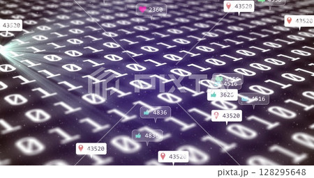 Image of social media icons on banners over binary coding Image of social media icons on banners over binary coding 128295648