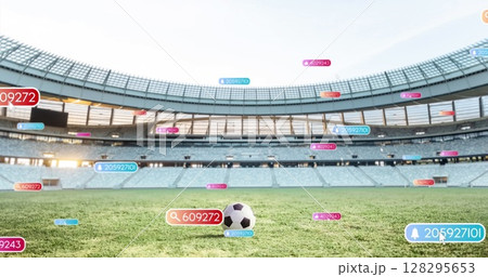 Image of social media icons on banners over football on pitch Image of social media icons on banners over football on pitch 128295653