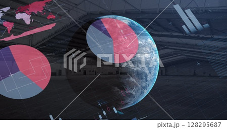 Image of statistics recording, globe spinning over warehouse Image of statistics recording, globe spinning over warehouse 128295687