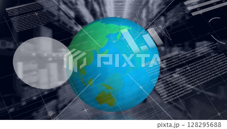 Image of data processing, globe spinning over warehouse Image of data processing, globe spinning over warehouse 128295688
