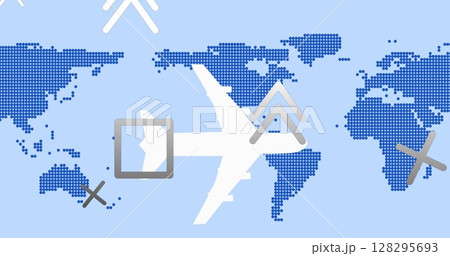 Image of airplane and shapes flying over world map Image of airplane and shapes flying over world map 128295693
