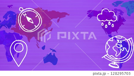 Image of hand drawn icons flying over world map 128295703