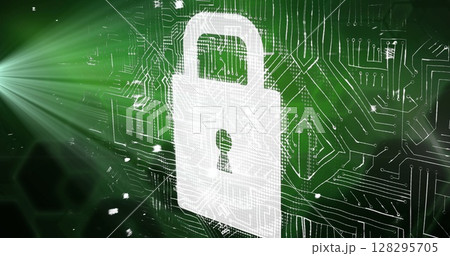 Image of online security padlock with data processing on circuit board in background 128295705